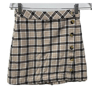 DIVIDED H&M Button Up Plaid Mini Skirt Schoolgirl Tan Black Size 4 100% Cotton